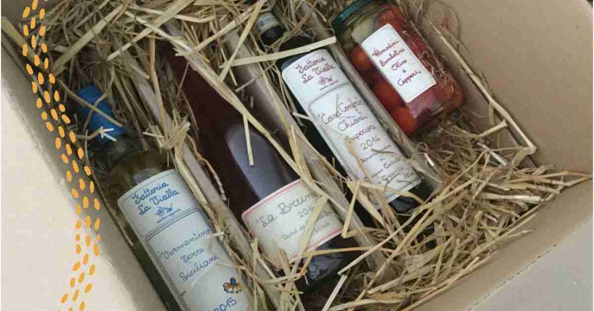 A box of wine, tomaoes, oil sent to Jessica Lohmann from La Vialla, a Demeter farm in Tuscany as a thank you
